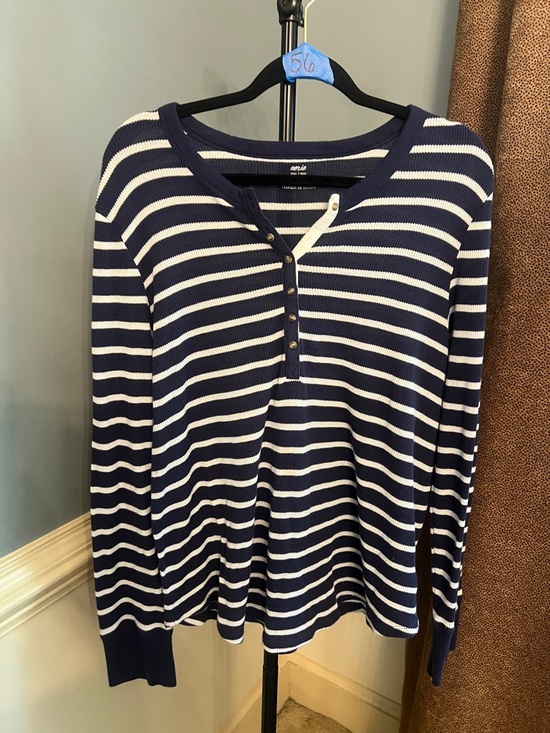 aerie Tops - aerie Navy and White Striped Henley‎ Long Sleeve Top
